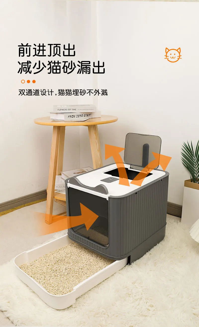 Extra Large Enclosed Cat Litter Box Top Entry Litter Tray with Drawer Design Anti Splash Hooded Toilet with Odor Sealing