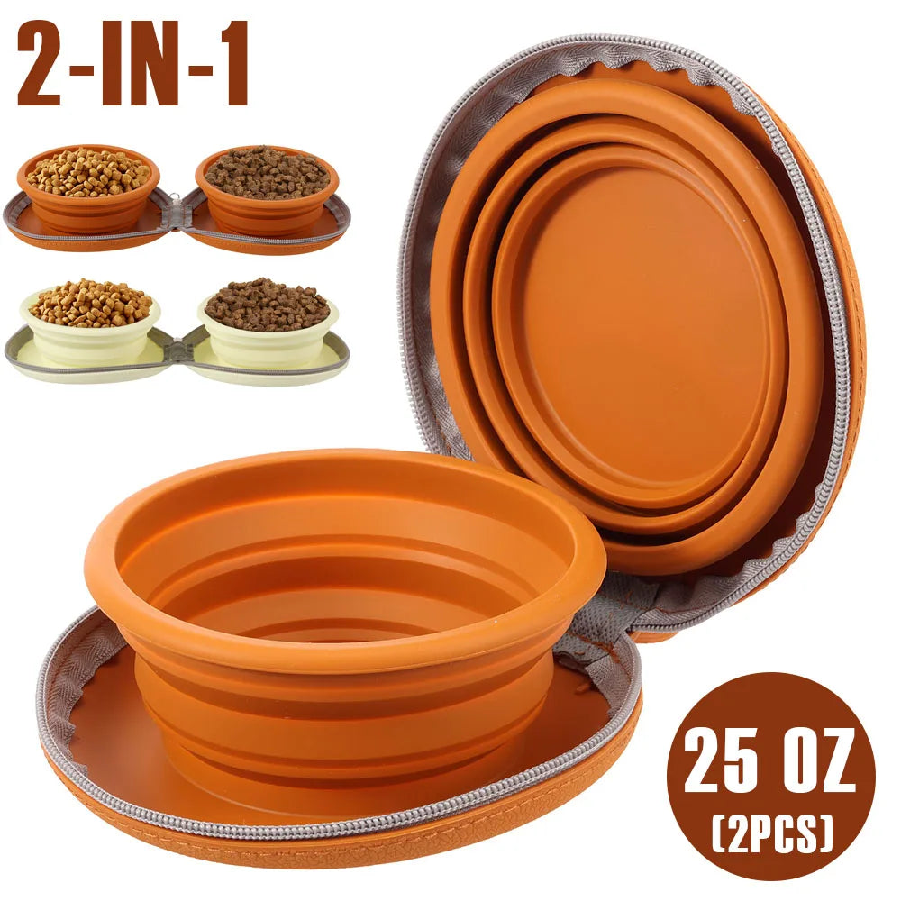 Foldable Pet Bowl Silicone Outdoor Portable Dog Bowl with Zipper Collapsible Cat Double Food Water Bowl for Walk Travel Camping
