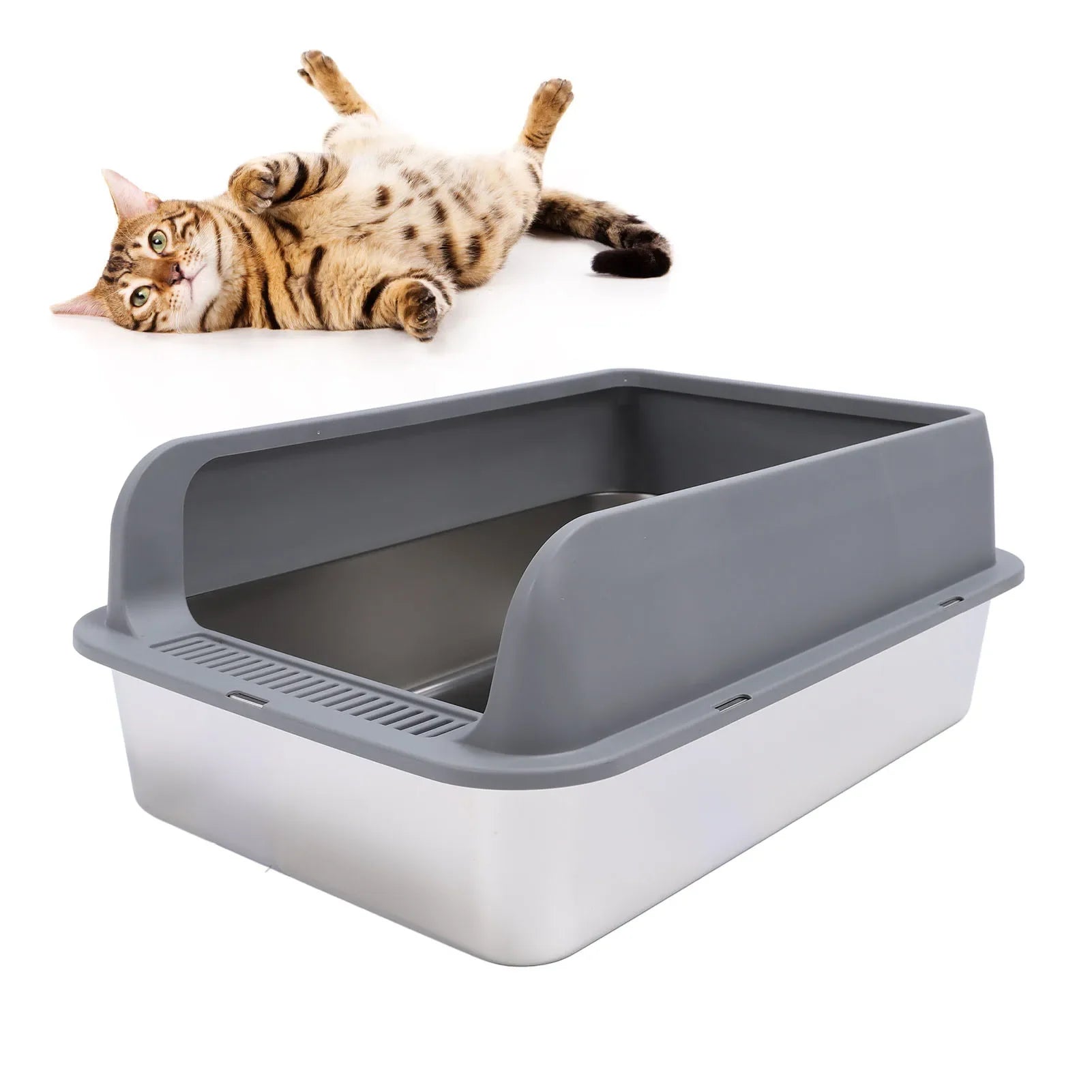 Stainless Steel Litter Box Anti Splashing Odorless Easy to Clean High Sides Semi Enclosed Cat Litter Box with Lid for Large Cats