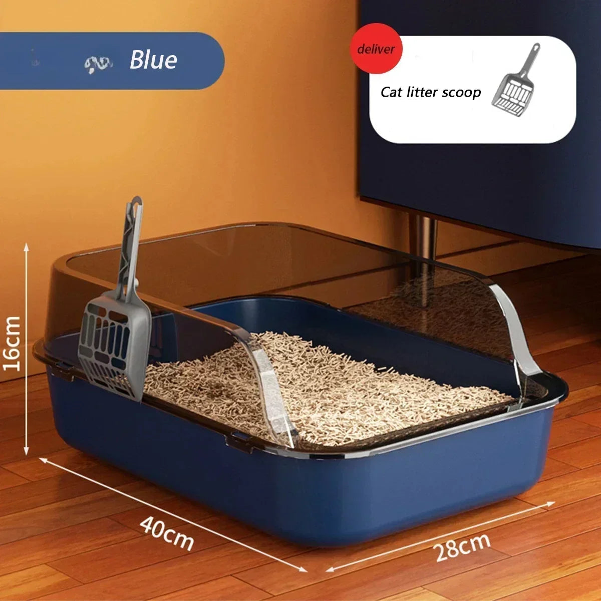 Cat Litter Box Semi Enclosed Design with High Fence Open Top Tray Easy to Clean Durable Kitty Sandbox with Scoop Pet Toilet