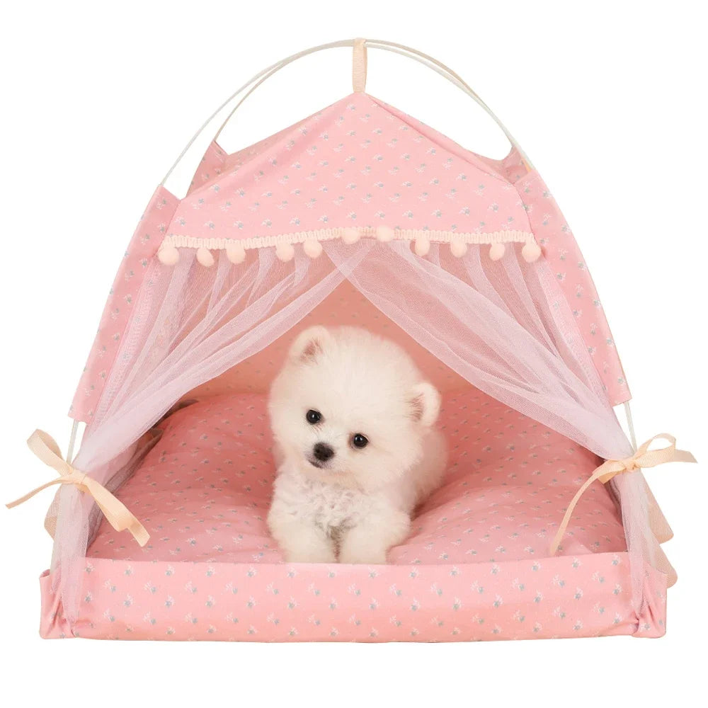 Pet Dog Tent House Floral Print Enclosed Cat Tent Bed Indoor Folding Portable Comfortable Kitten Bed Kennel For Small Pets
