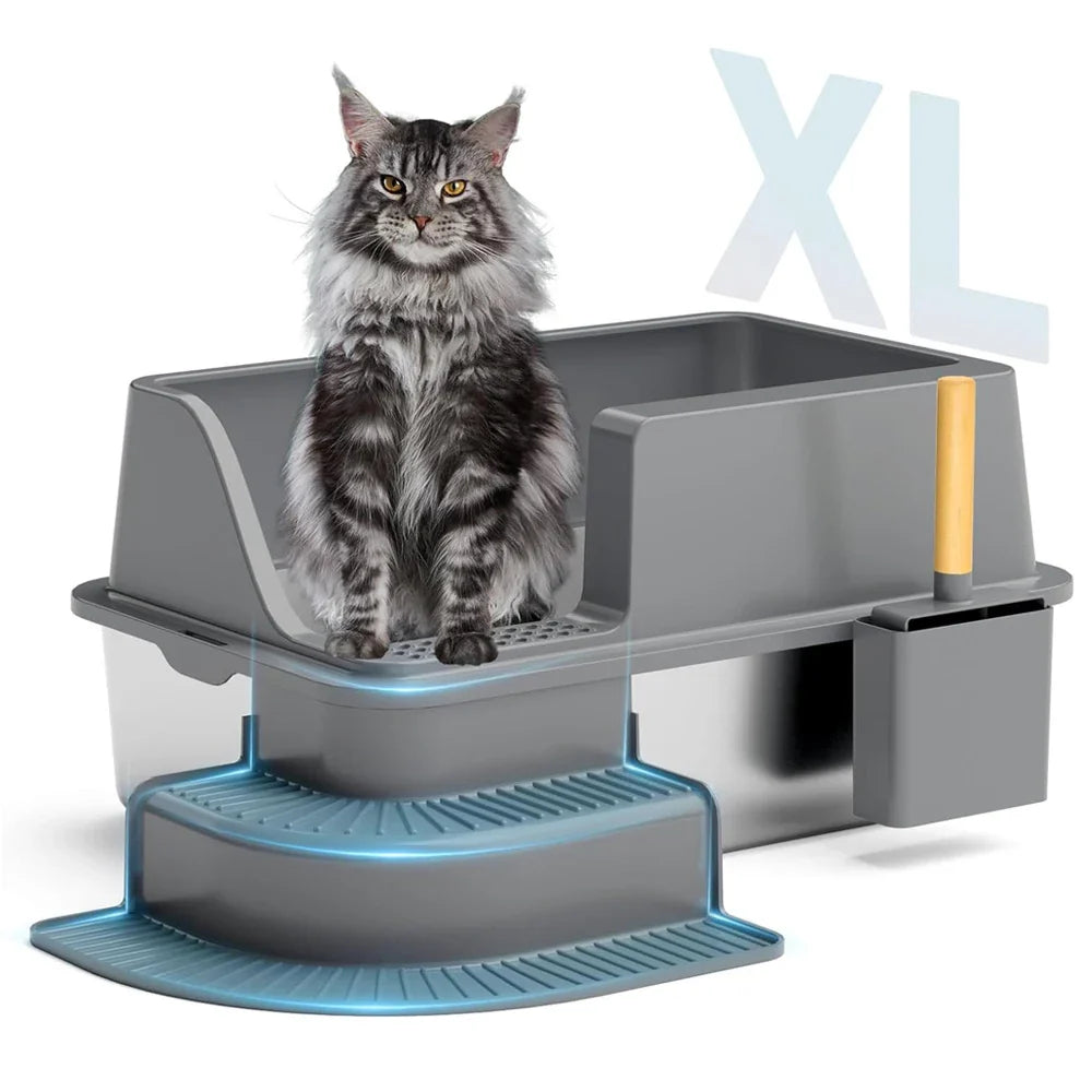 Semi-Enclosed Stainless Steel Cat Litter Box with Lid, Extra Large Cat Litter Box with Cat Shovel (Suitable for Large Cats) XL Metal Litter Box Tray, High Wall Closed on Both Sides, Anti-Stick and Leak-Proof, Easy to Clean -